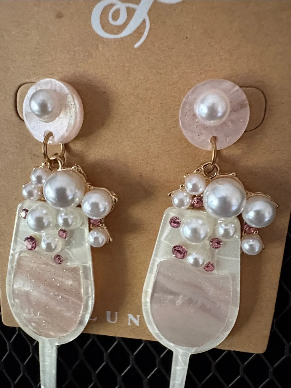 Plunder Pearl & Pink Champagne Glass Dangle Earrings
